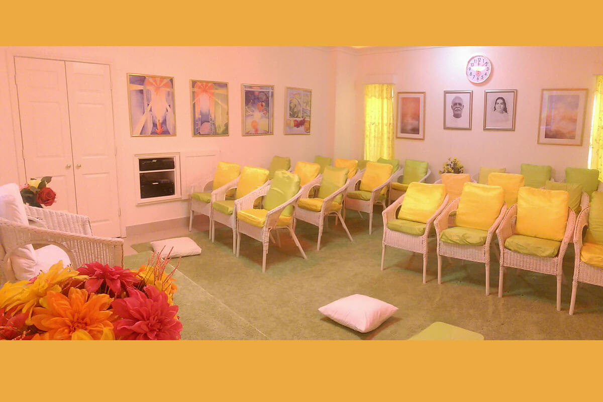 Raja Yoga meditation classroom with comfortable seating at Brahma Kumaris Houston